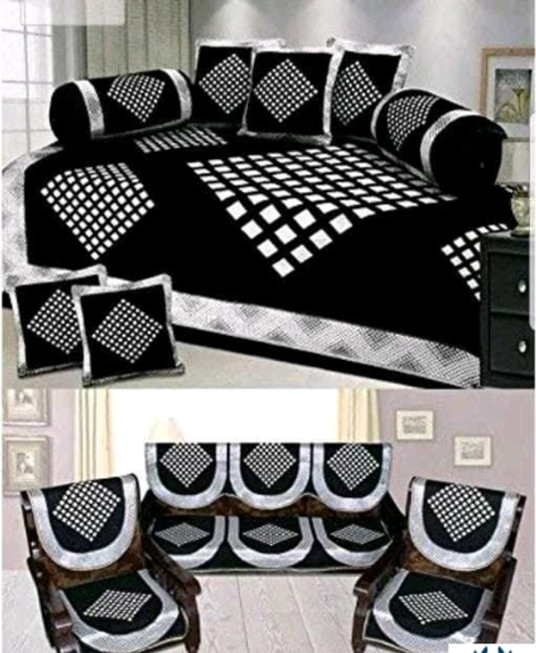 Kanha Décor presents Chenille attractive designer Diwan set which contain 1 bedsheet , 2 bolster with 5 cushion cover & 10 pcs set sofa cover - Free Size, Black, Chenile, Multipack:1